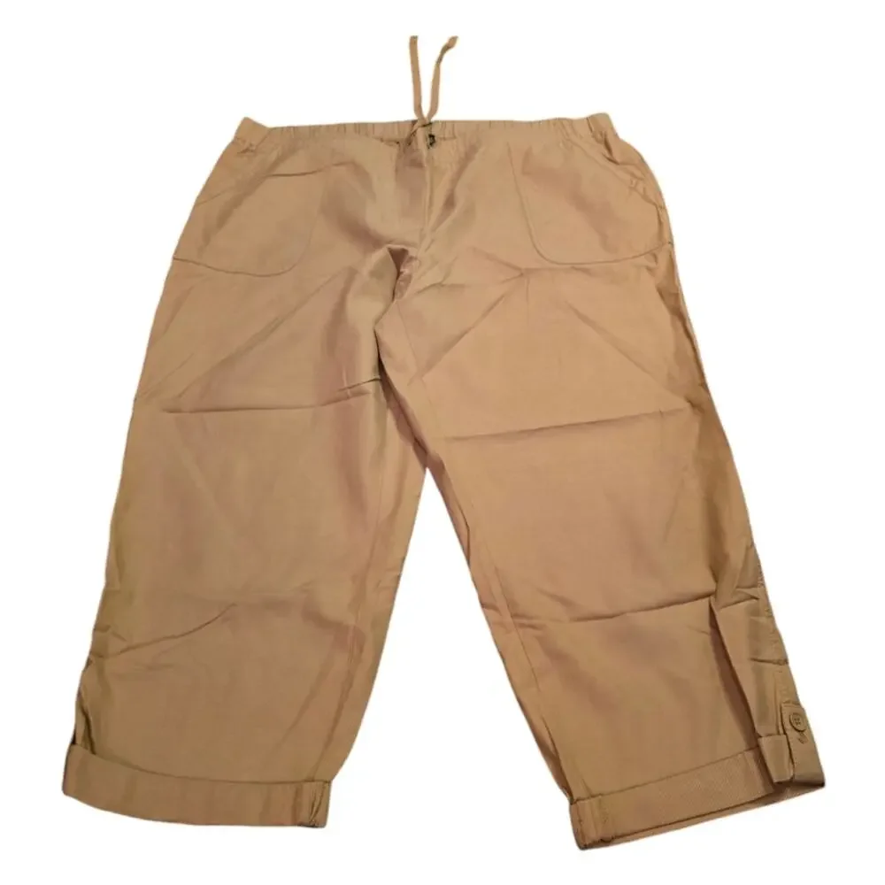 Talbots Drawstring Tie Waist Pull On‎ Khaki Button Detail Capri Pants Plus Sz 22